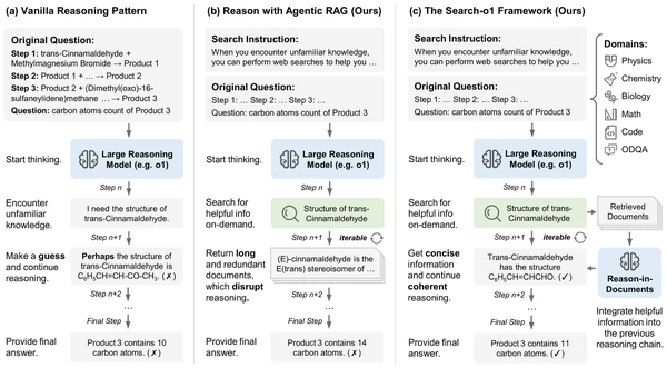 Figure 2: Comparison of reasoning approaches: (a) Direct reasoning without retrieval often results in inaccuracies due to missing knowledge. (b) Our agentic retrieval-augmented reasoning approach improves knowledge access but usually returns lengthy, redundant